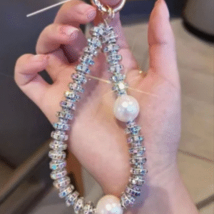 Crystal glow pearl loop mobile keycharm with beads and chain – stylish phone charm by Your Masa